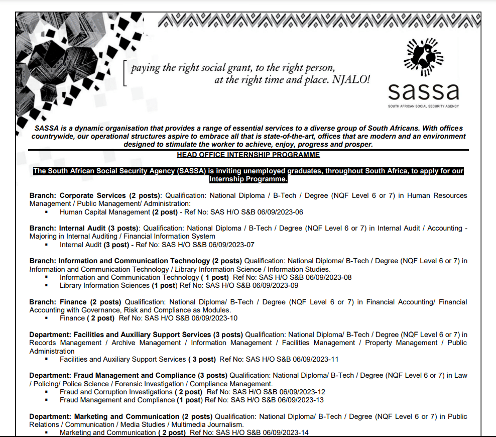 SASSA HEAD OFFICE INTERNSHIP